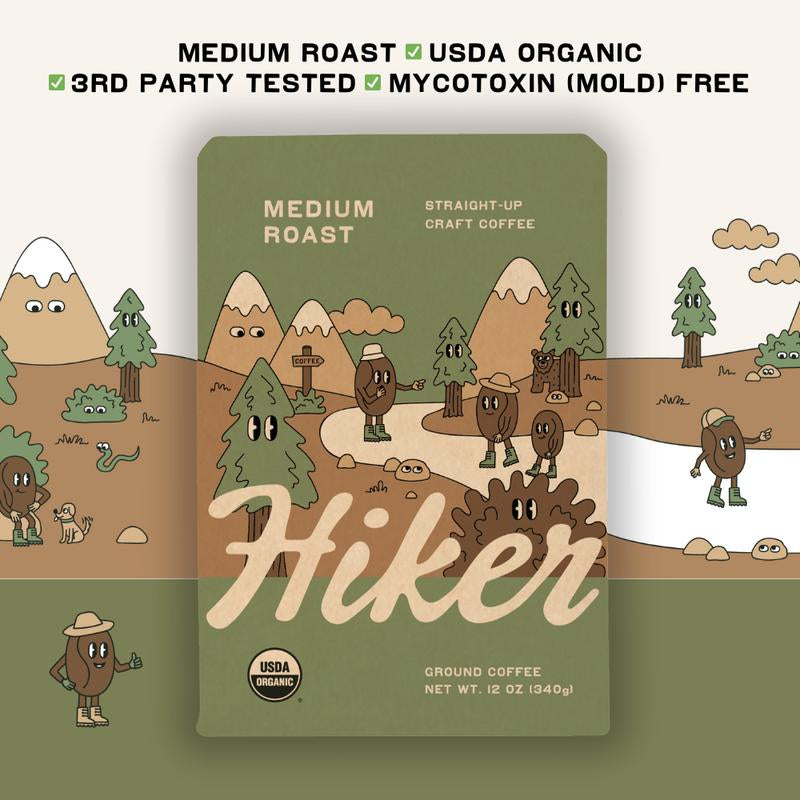 Medium Roast - 12Oz - Hiker Coffee - Mycotoxin (Mold) Free - USDA Organic - 3Rd Party Tested for Heavy Metals, Pesticides, and Mycotoxins