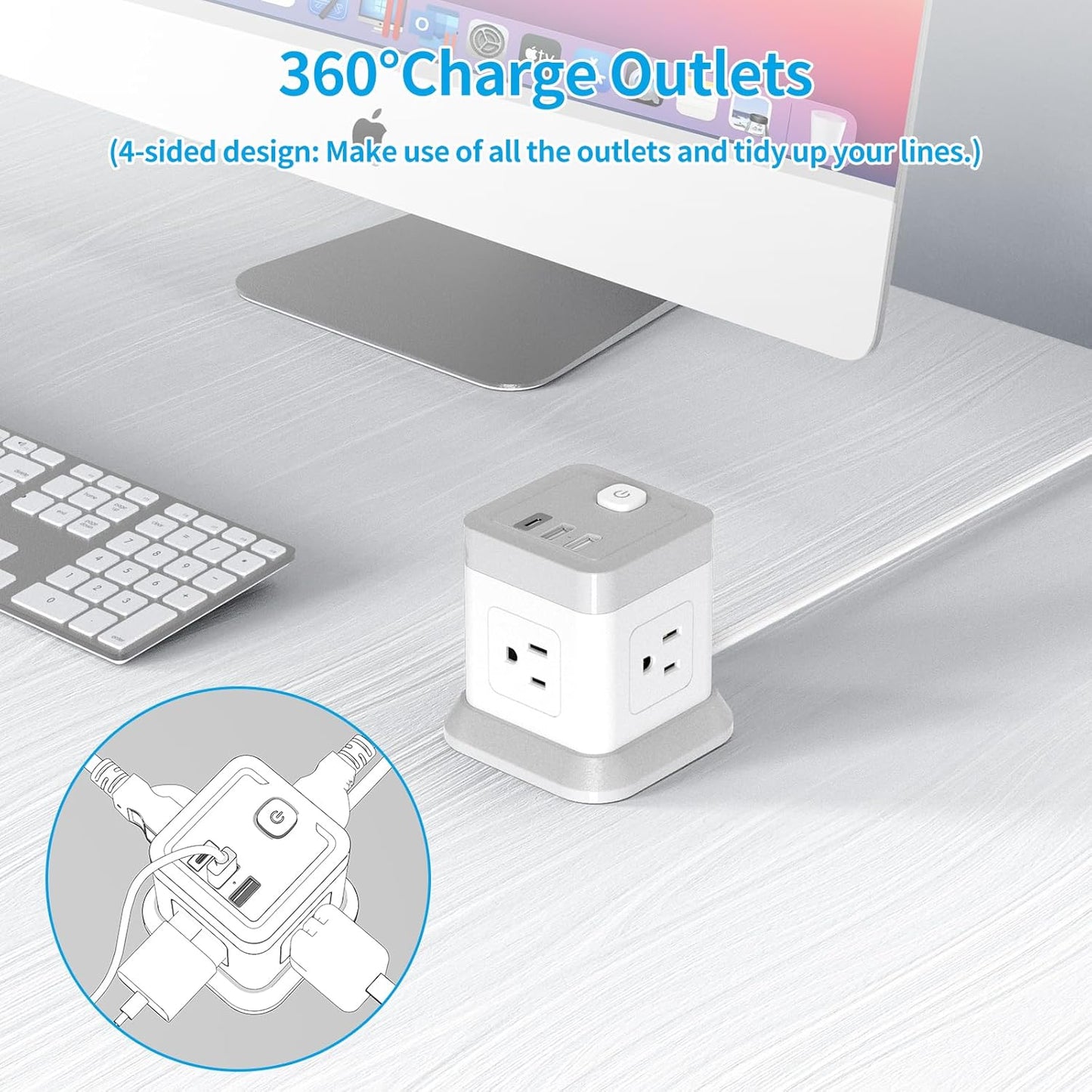 Power Strip with USB,  Flat Plug Extension Cord with 4 Outlets and 3 USB(1 USB C), 5 FT Power Cord Desktop Charging Station, Overload Protection, Compact Portable for Travel Home Office