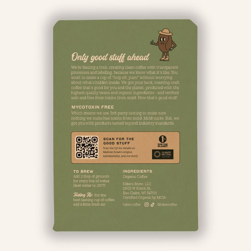 Medium Roast - 12Oz - Hiker Coffee - Mycotoxin (Mold) Free - USDA Organic - 3Rd Party Tested for Heavy Metals, Pesticides, and Mycotoxins