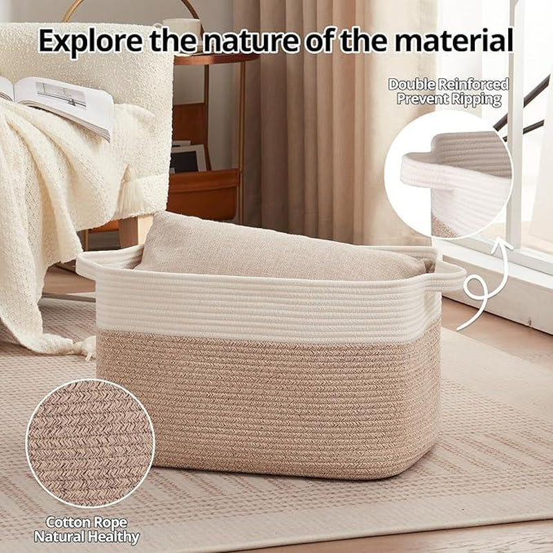 OIAHOMY 70L Blanket Basket, Cotton Rope Woven Blanket Storage for Living Room, Rectangle Woven Baskets for Storage, 20''×16''×12''