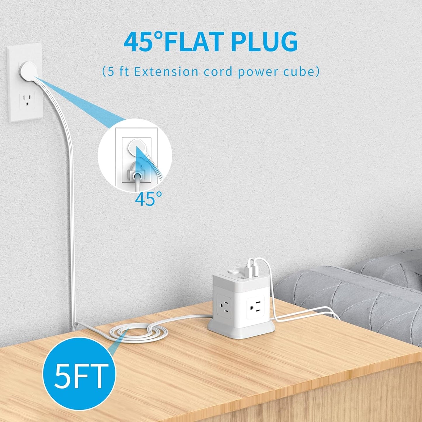 Power Strip with USB,  Flat Plug Extension Cord with 4 Outlets and 3 USB(1 USB C), 5 FT Power Cord Desktop Charging Station, Overload Protection, Compact Portable for Travel Home Office