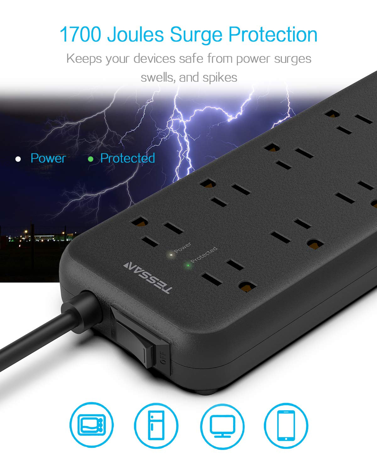 Surge Protector Power Strip,  8 Outlets and 3 USB Ports 5Ft Long Extension Cord Flat Plug, 1875W/15A, 1700 Joules, Wall Mountable for Home, Office, School and Dorm Room Essentials, Black