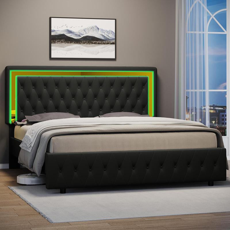 AMERLIFE LED Bed Frame with Led Lights Adjustable Headboard Velvet Button Tufted/Acrylic Mirror Accents, No Box Spring Needed/Christmas Gift