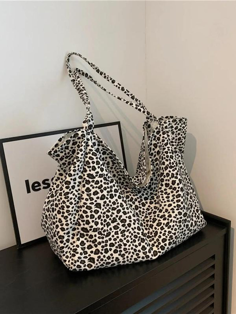 Women'S Fashion Leopard Print Shopping Tote Bag, Large Capacity Lightweight Foldable Shoulder Bag, Trendy Versatile High-Quality Daily Commuting Bag for Girl