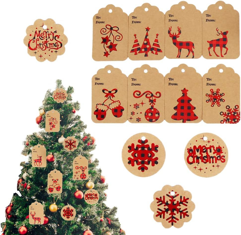 Christmas Kraft Paper Gift Tags,120 PCS Christmas Label Gift Tags with 230 Feet String