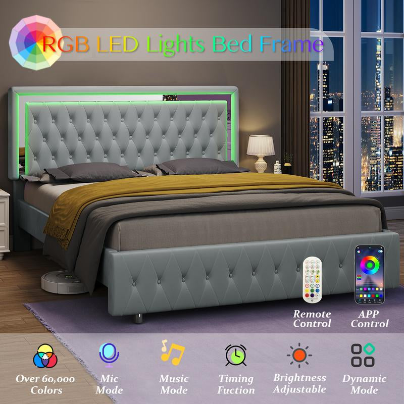 AMERLIFE LED Bed Frame with Led Lights Adjustable Headboard Velvet Button Tufted/Acrylic Mirror Accents, No Box Spring Needed/Christmas Gift