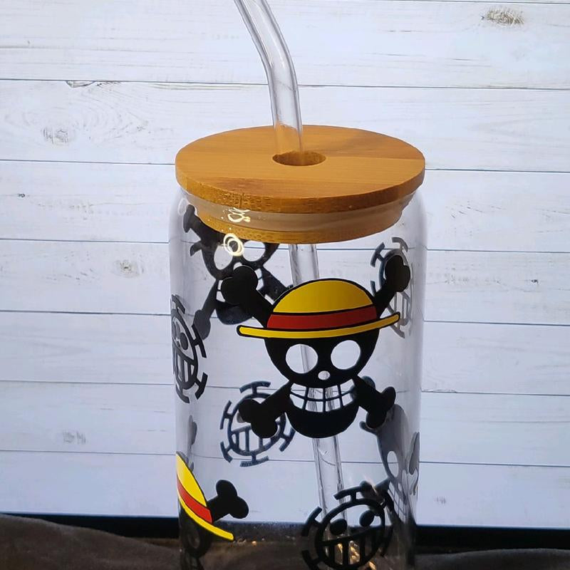 One Piece Luffy Jolly Roger Glass Cup with Glass Straw