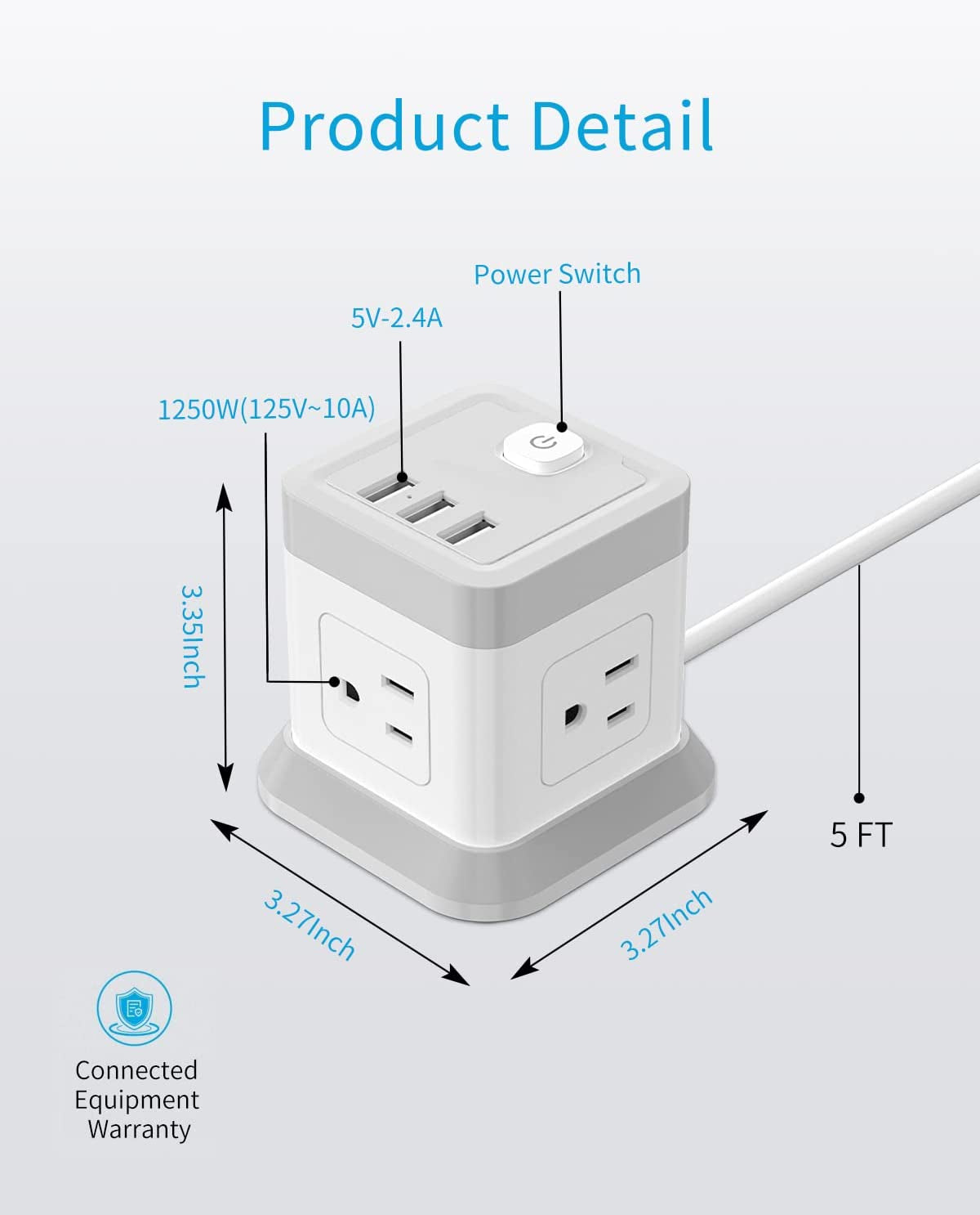 Power Strip with USB,  Flat Plug Extension Cord with 4 Outlets and 3 USB(1 USB C), 5 FT Power Cord Desktop Charging Station, Overload Protection, Compact Portable for Travel Home Office