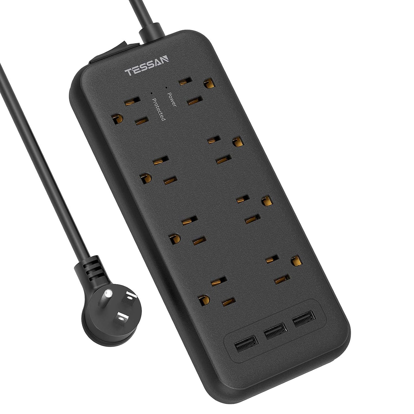 Surge Protector Power Strip,  8 Outlets and 3 USB Ports 5Ft Long Extension Cord Flat Plug, 1875W/15A, 1700 Joules, Wall Mountable for Home, Office, School and Dorm Room Essentials, Black